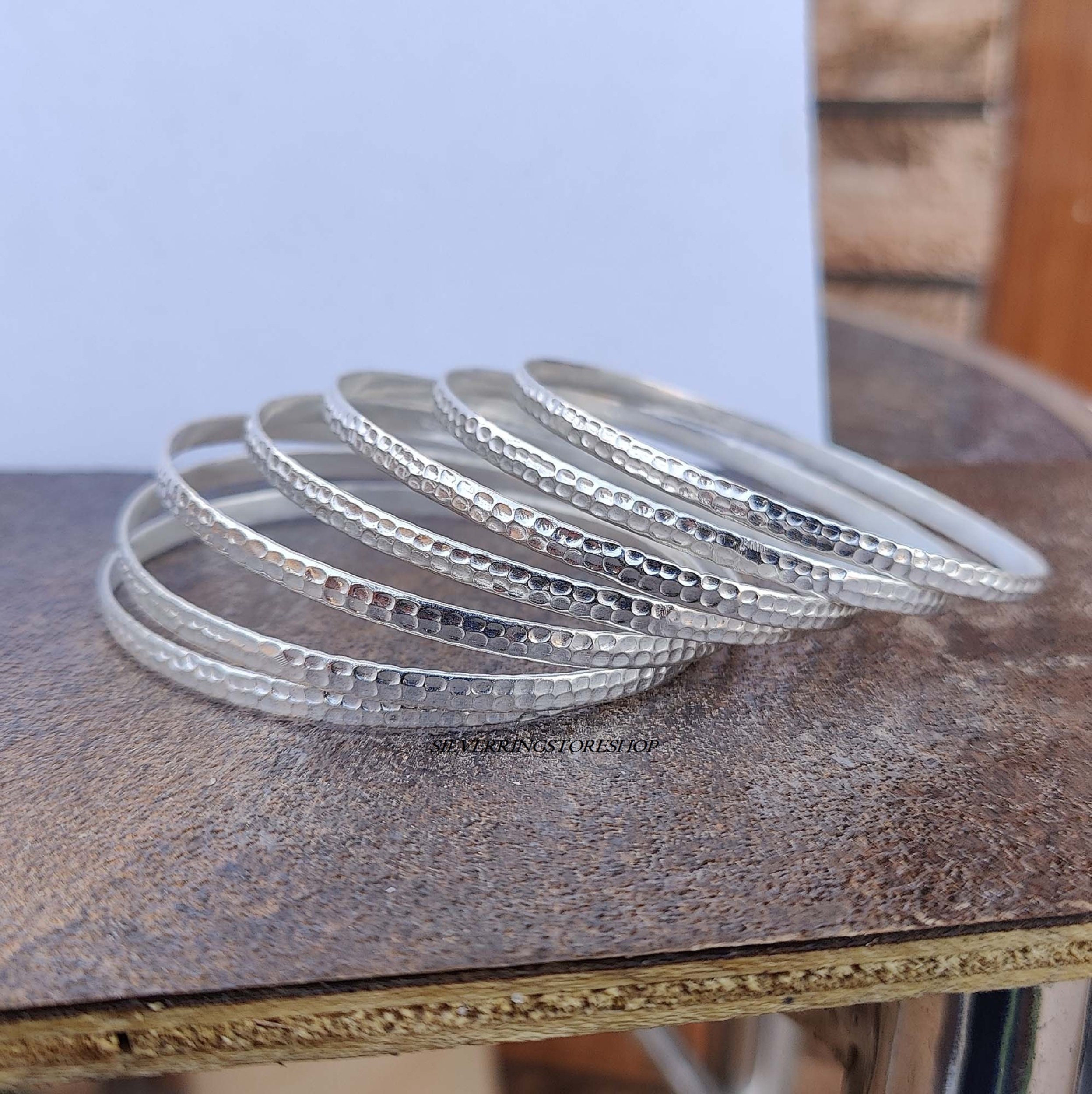 Set of 7 Bangles, Hammered Bangles, Stacking Bracelets, 925 Silver