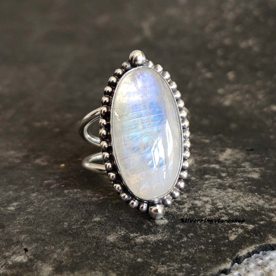 Sterling Silver Dainty Oval Rainbow Moonstone Ring Sterling Silver Dainty Oval Rainbow Moonstone Ring