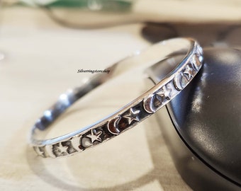 925 Silver Bangle, Handmade Bangle, Star & Moon Bangle, Bangle Bracelets, Unisex Bracelet, Stackable Bangle, Silver Hammered Bangle, Gifts,