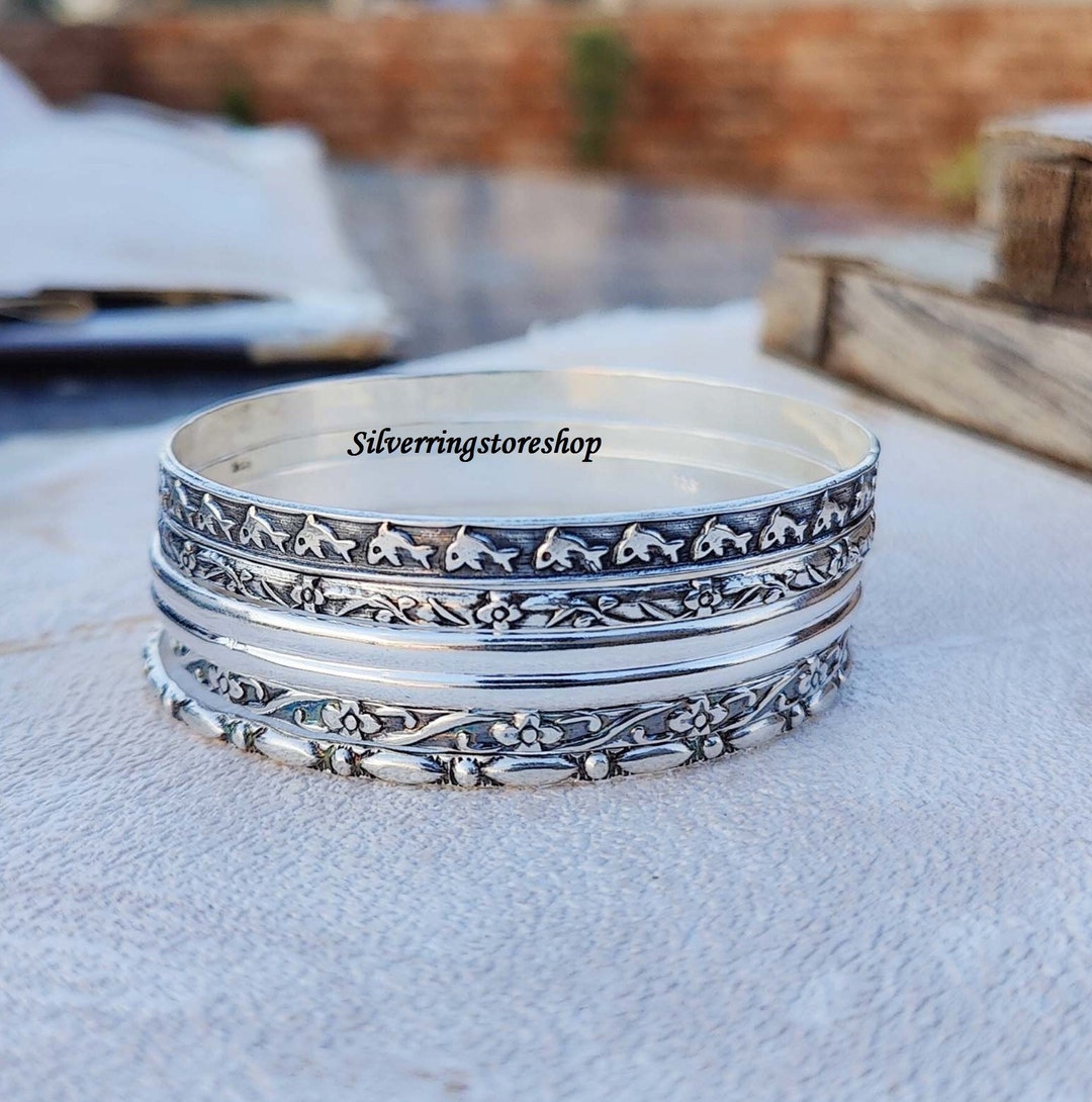 Sterling Silver Bangle Set: Flower & Dolphin Design, Boho Bangles
