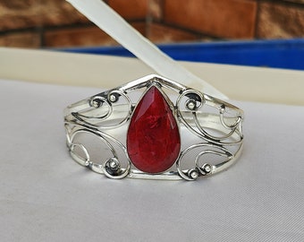 Handmade Natural Ruby 925 Sterling Silver Adjustable Boho Bangle