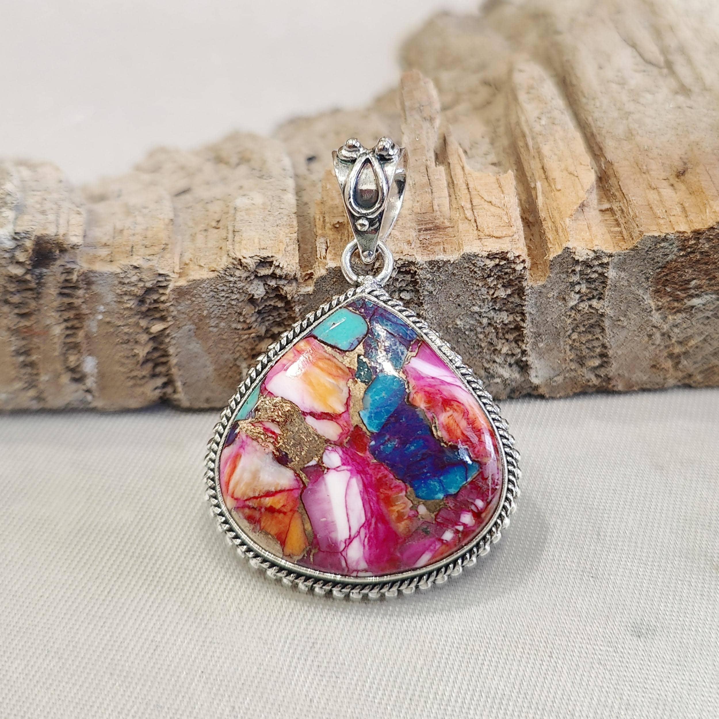 Ciondolo Argento 925 Con Ostrica Rosa E Turchese - Fatto A Mano, Regalo Donna - Foto 2