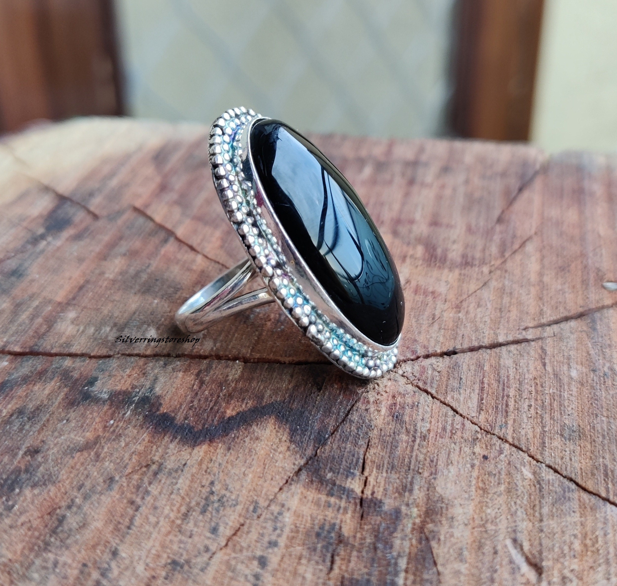 Bague tournante en pierre précieuse ronde en onyx noir, bijoux en argent