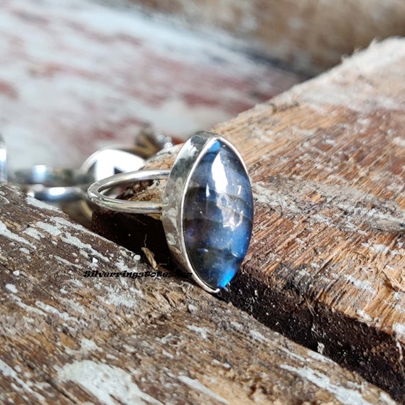 Bague En Argent Massif 925 Avec Labradorite Bleue De Madagascar - 18 Carats - Taille Réglable 52-56 - Neuf