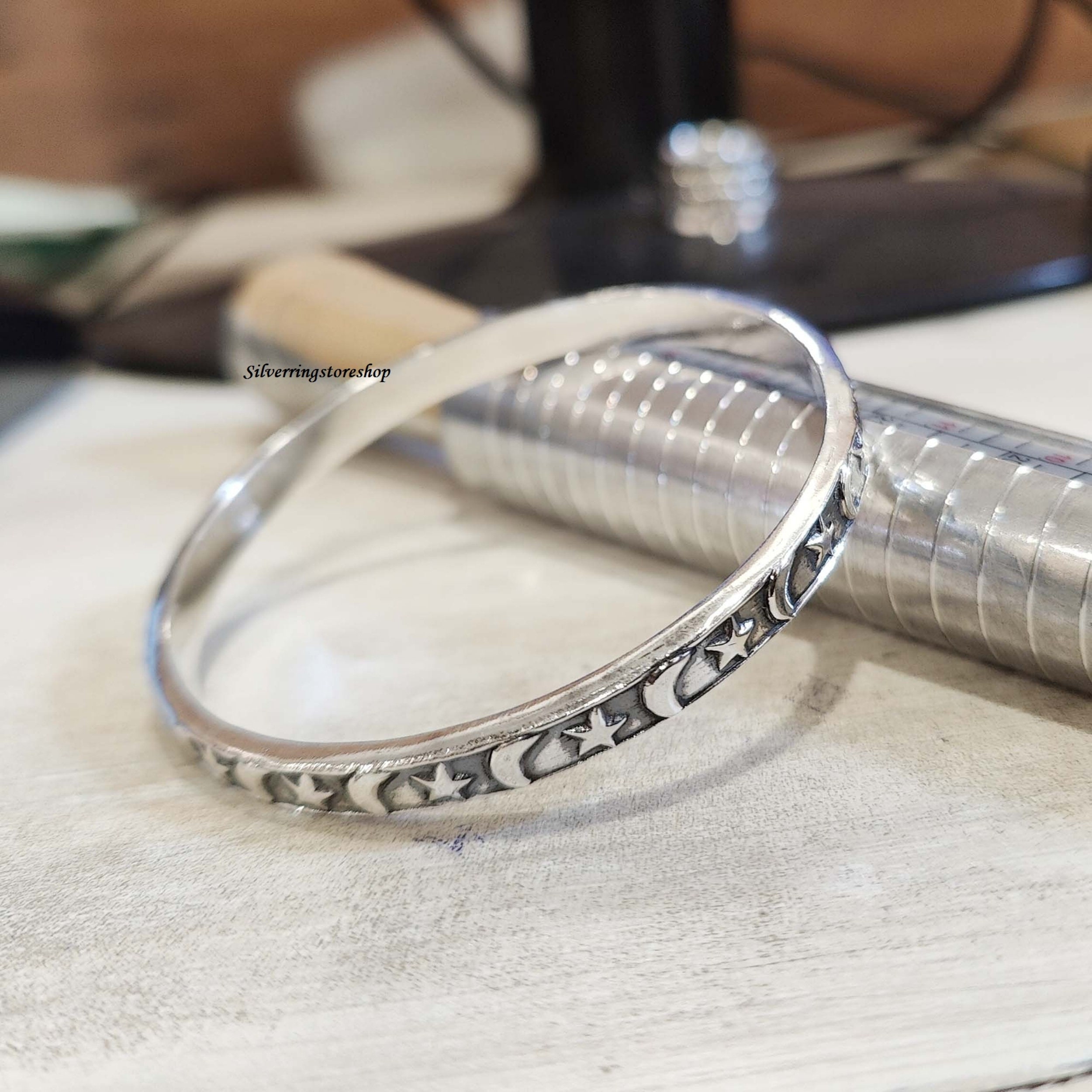925 Silver Bangle, Handmade Bangle, Star & Moon Bangle