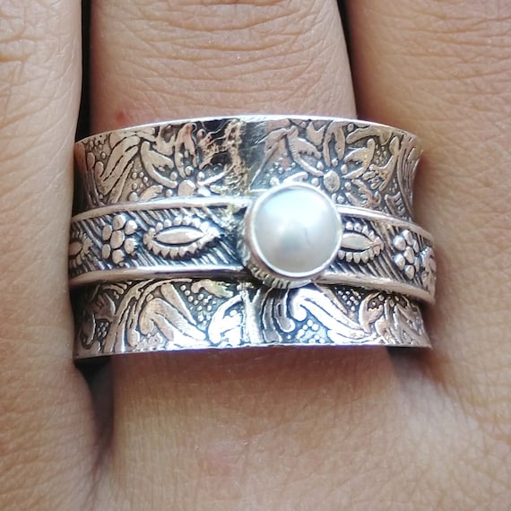 925 Sterling Silver Spinner Ring Wedding Ring Handmade Ring Pearl Ring Women Ring Statement Ring Worry Ring Spinner Ring Boho Ring