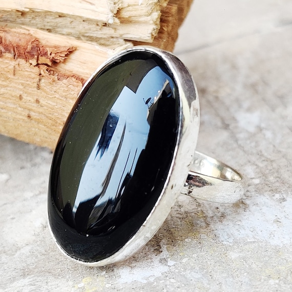 Bague Ancienne En Argent Massif 925 - Jonc Large Avec Onyx, Anneau Créateur