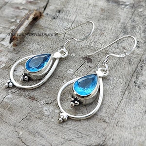 Handmade Blue Topaz Earrings: 925 Sterling Silver Gemstone Jewelry