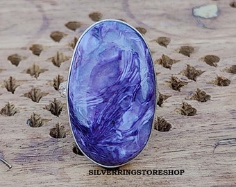 Handmade Charoite Gemstone Ring: Sterling Silver Statement Ring