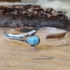 Handmade Larimar Bangle: Adjustable Sterling Silver Boho Jewelry