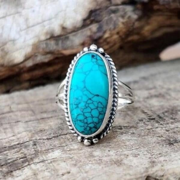 Oval Turquoise Ring, 925 Silver Ring, Gemstone Ring, Women Ring, Copper Blue Turquoise Ring, Boho Handmade, Turquoise Band,  Wedding Gift,