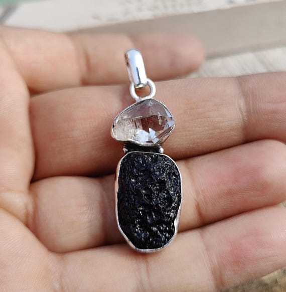 Black Tibetan Tektite Pendant, 925 Sterling Silver Pendant, Herkimer Diamond Pendant, Statement Jewelry, Handmade Pendant, Gift For Her,