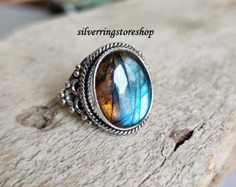 Labradorit Stein Ring, 925 Sterling Silber Ring, Statement Ring, Silberring, Bandring, handgemachter Ring, Edelstein Ring, Peace, Geschenk für sie,