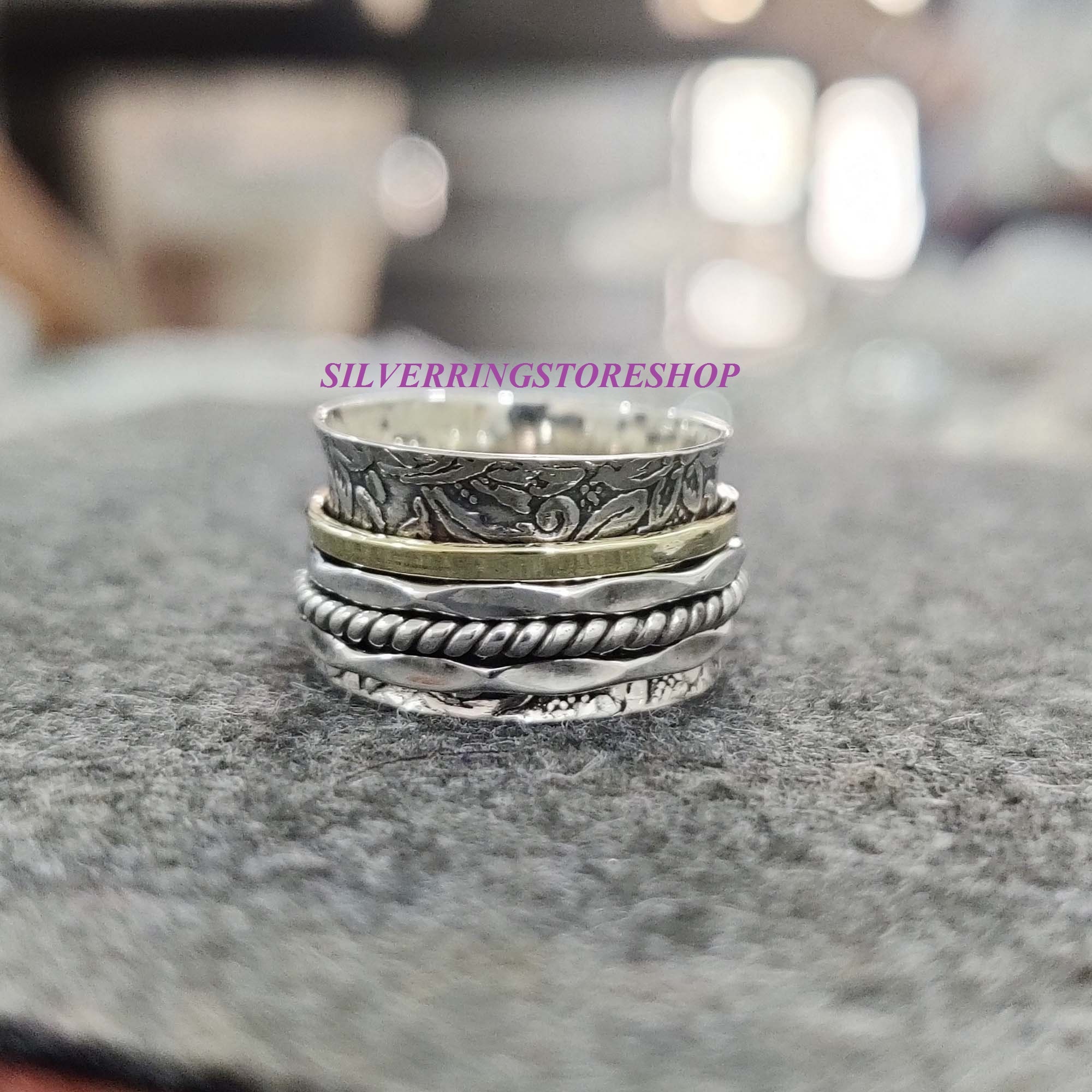 Yellow gold ring, silver wedding ring, meditation ring, wide spinner r –  Artisan Look