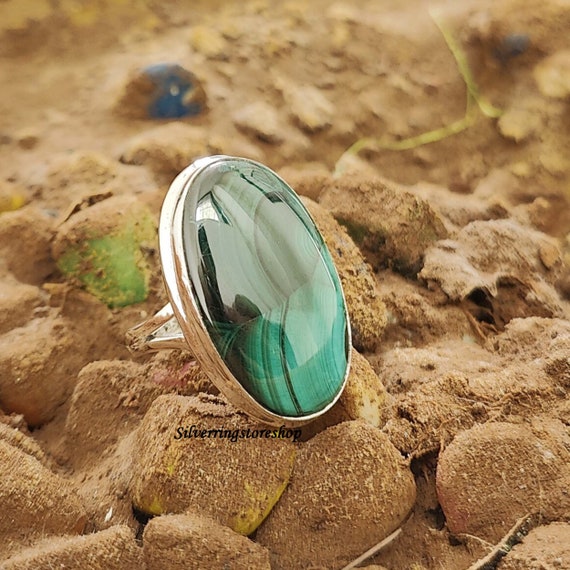 Vintage Silver F.C.作 Malachite Ring 925 Vintage Silver Ring Sterling 925 Malachite Gree Retro Oval