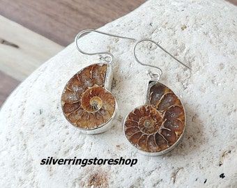 Sterling Silver Ammonite Fossil Earrings: Handmade Boho Jewelry