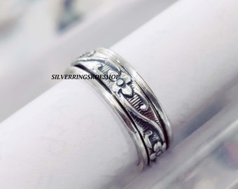Anello girevole, anello in argento sterling 925, anello fatto a mano, anello Fidget, anello importante, anello boho, anello bellissimo, anello di meditazione, regali per lei,