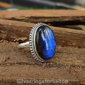 Ring blauw vuur labradoriet: handgemaakt 925 sterlingzilver, edelsteensieraden