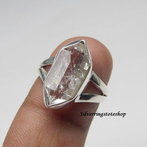 Anillo de diamantes Herkimer crudo natural, plata de ley 925, anillo hecho a mano, anillo de promesa, anillo de meditación, anillo de diamantes Herkimer, regalo para ella,