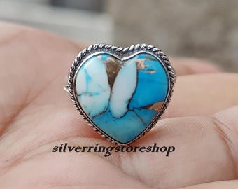 Blue Dahlia Turquoise Heart Ring: Handmade Sterling Silver Gemstone Jewelry