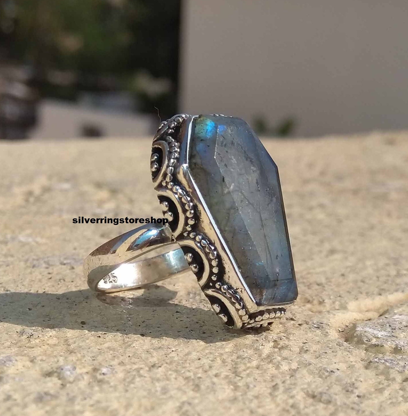 Natural Labradorite Coffin Ring Handmade Ring Silver Ring Solid