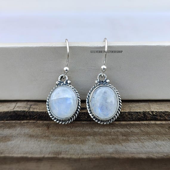 2 Paia Orecchini Con Pietra Di Luna In Argento 925 - Pendenti A Goccia E Rotondi - Ganci Ipoallergenici - Regalo Donna