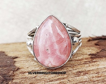 Rhodochrosite Cabochon Ring: Sterling Silver Pink Gemstone