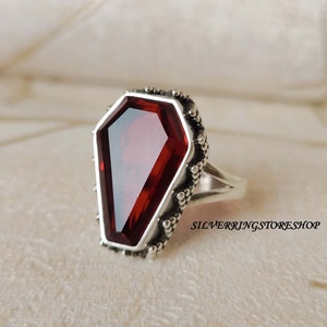 Garnet Coffin Shape Ring, Handmade Ring, Silver Ring, 925 Sterling Silver Ring, Boho Ring, 15X20 mm Gemstone Ring, Coffin Ring, Gift For Her