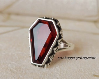 Garnet Coffin Shape Ring, Handmade Ring, Silver Ring, 925 Sterling Silver Ring, Boho Ring, 15X20 mm Gemstone Ring, Coffin Ring, Gift For Her