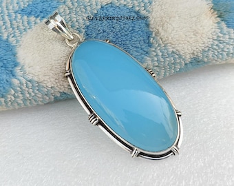 Handmade Aqua Chalcedony Pendant: Sterling Silver Boho Jewelry