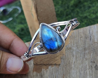 Labradorite Bangle, Labradorite Bracelet, 925 Sterling Silver Bangle, Adjustable Bangle, Gemstone Bangle, Handmade Bangle, Birthday Presnts,