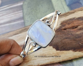 Handmade Moonstone Bangle: Adjustable 925 Sterling Silver Gemstone Bangle