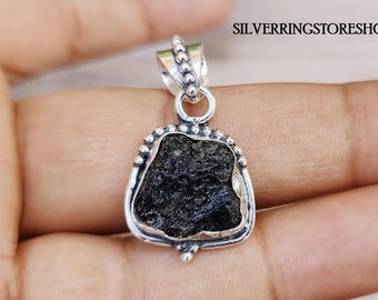 Black Tibetan Tektite Pendant: Raw Gemstone, 925 Sterling Silver