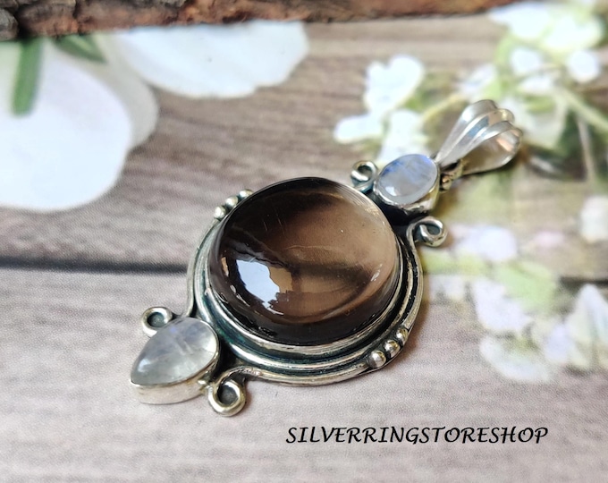 Smoky Quartz & Moonstone Pendant, Solid 925 Sterling Silver Pendant, Gemstone Necklace, Handmade Pendant, Designer Pendant, Gift For Her ///