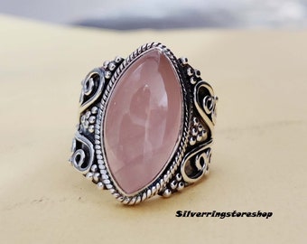 Anillo de cuarzo rosa, anillo de declaración, anillo de plata, anillo de piedra preciosa, anillo hecho a mano, anillo de plata 925, anillo boho, joyería de cuarzo rosa, regalo para ella,