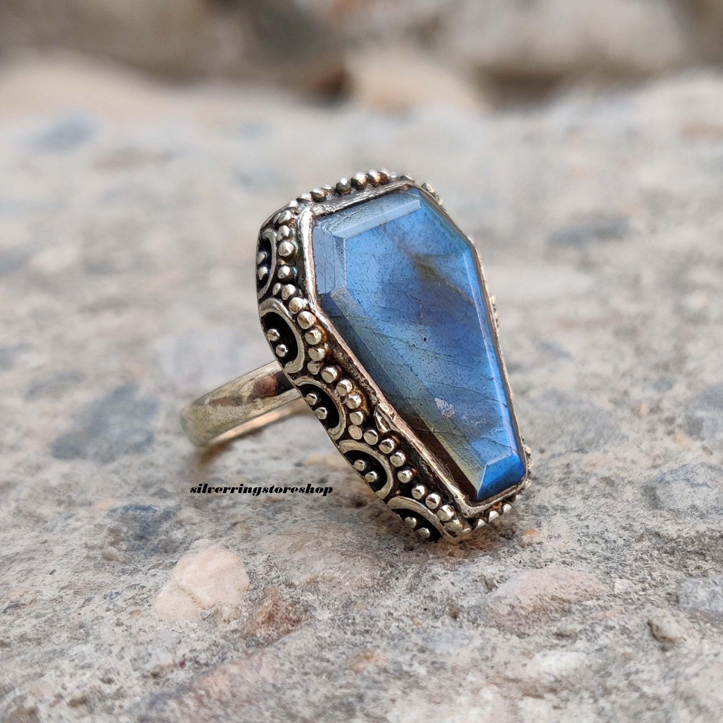 Natural Labradorite Coffin Ring 925 Silver Ring Gemstone Ring