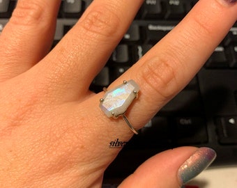 Coffin Ring, Rainbow Moonstone Coffin Ring, Gemstone Ring, Woman Ring, 925 Sterling Silver Ring, Statement Ring, Silver Ring, Gift For Her,