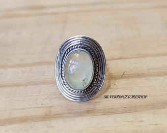 Natural Prehnite Ring, Oval Stone Ring, 925 Sterling Silver, Statement Ring, Dainty Ring, Prehnite Jewelry, Women Ring, Gemstone Ring, Boho