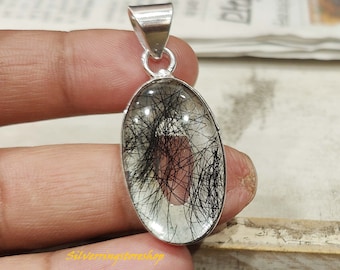 Handmade Black Rutile Quartz Pendant: 925 Sterling Silver Statement Jewelry
