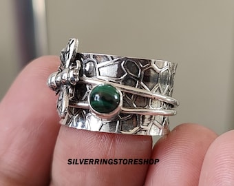 Malachite Bee Spinner Ring: Handmade Sterling Silver Gemstone Jewelry