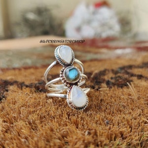 Labradorite, Moonstone ring, 925 Sterling silver ring, Statement ring, Fidget ring, Boho ring, Handmade ring, Gemstone ring, Gift For Her,