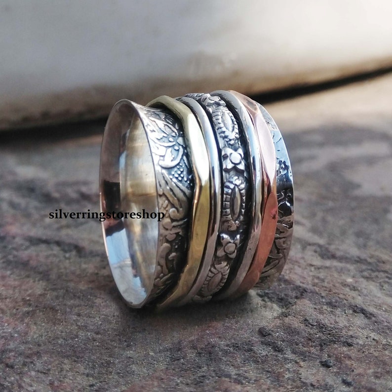 Spinner Ring, Three Tone Spinner Ring, Women Ring, 925 Silver Ring ...