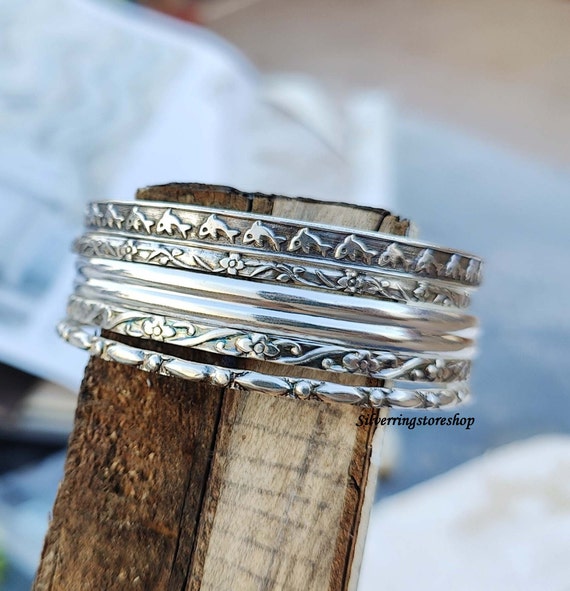Sterling Silver Bangle Set: Flower & Dolphin Design, Boho Bangles