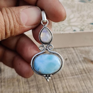 Natural Larimar And Moonstone Pendant, Statement jewelry, 925 Sterling silver Pendant, Handmade Pendant, Blue Gemstone, Gift for her, ///
