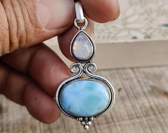 Handmade Larimar and Moonstone Pendant: 925 Sterling Silver
