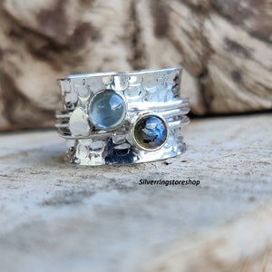 Labradoriet, aquamarijnsteenring, 925 sterlingzilveren ring, bandring, spinnerring, boho-ring, angstring, zorgenring, cadeau voor haar,,