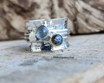 Labradorite, Aquamarine stone Ring, 925 Sterling silver Ring, Band Ring, Spinner Ring, Boho Ring, Anxiety Ring, Worry Ring, Gift For Her,,
