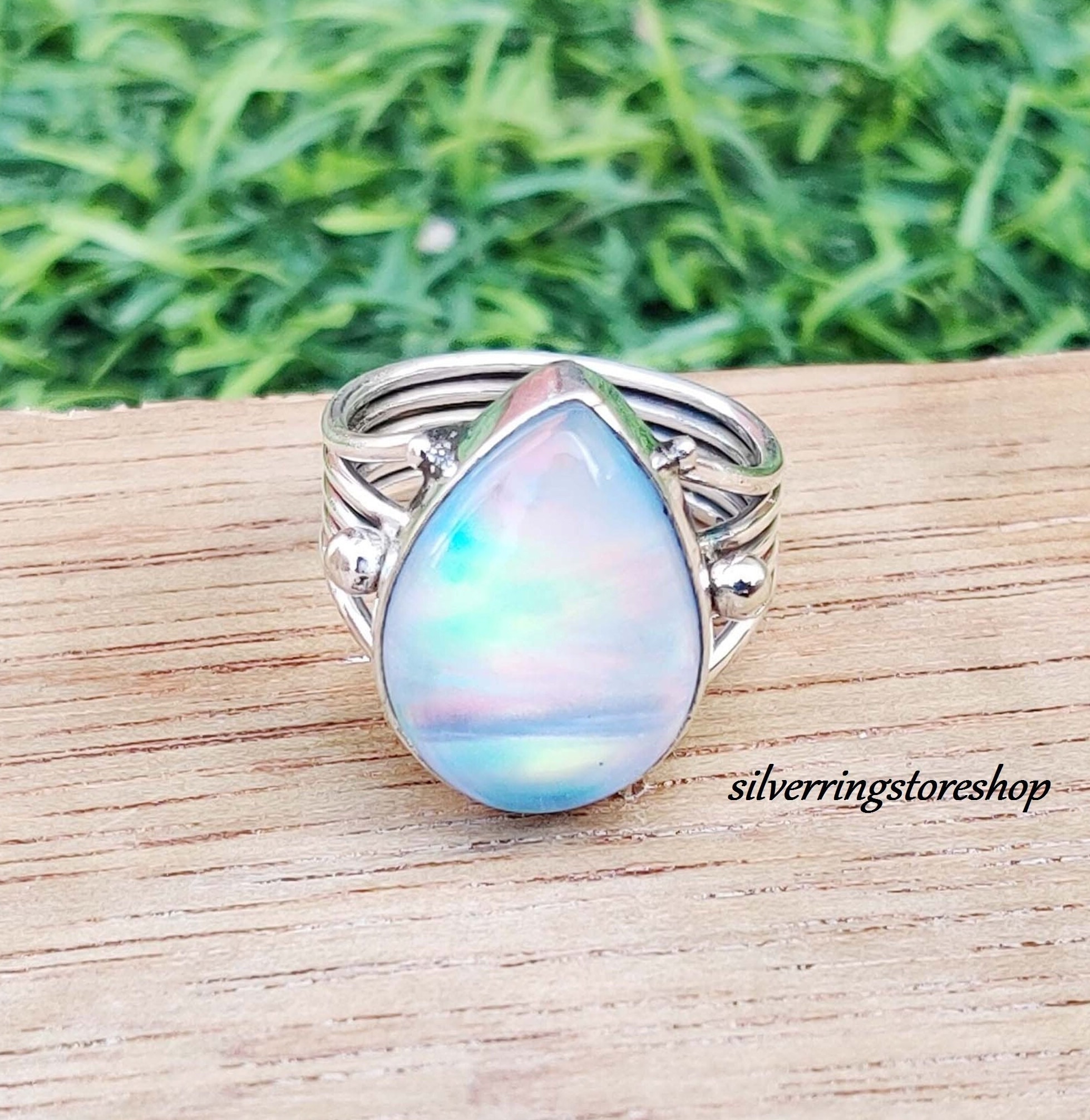 Handmade Aurora Opal Ring: 925 Sterling Silver Boho Band