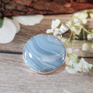 Rund Blauer Achat Anhänger, Massiv 925 Sterling Silber Halskette, Natürlicher Edelstein Anhänger, Handgefertigter Anhänger, Versprechen Halskette Geschenk, ////