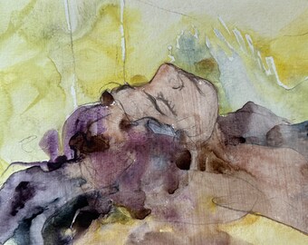 Schlafendes Frauenporträt, Kohlezeichnung, Originalzeichnung, Aquarell